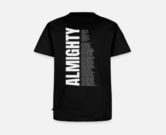 T-shirt "ALMIGHTY" minimaliste dehors, significatif dedans
